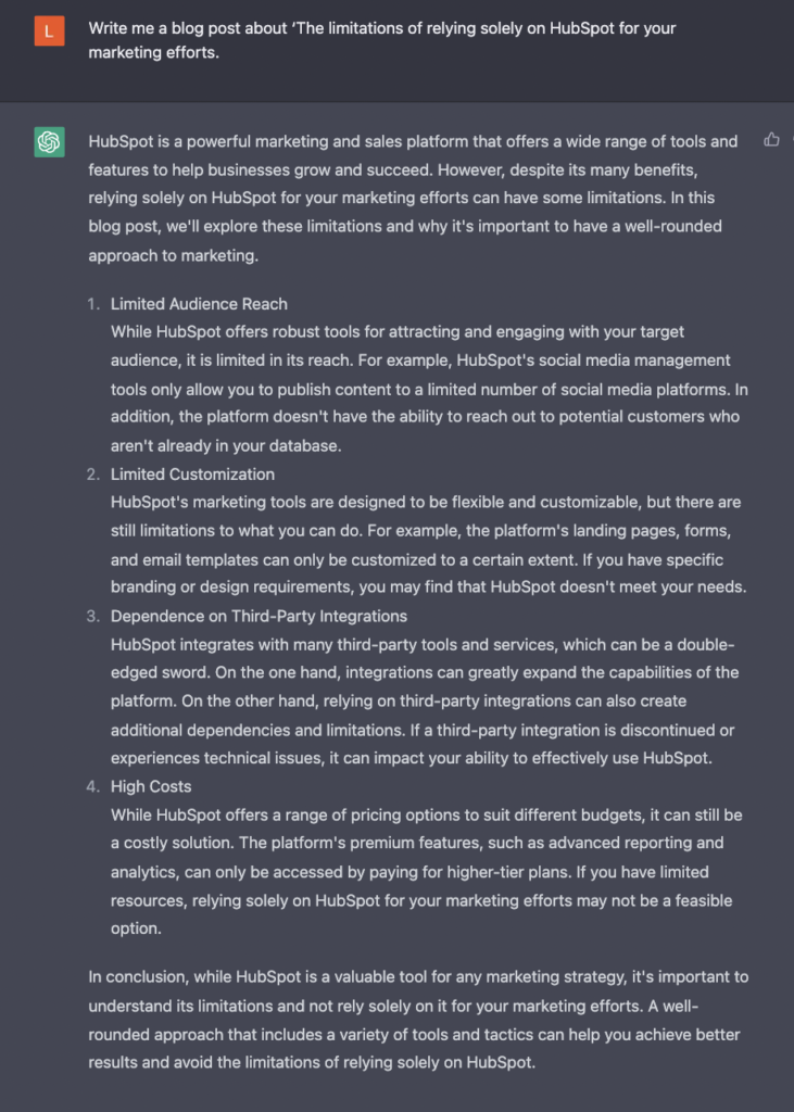 chatgpt about limitations of hubspot
