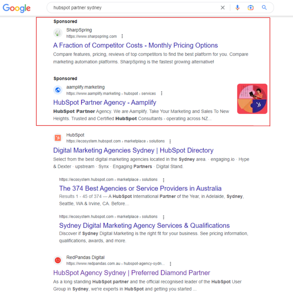 example of paid search results