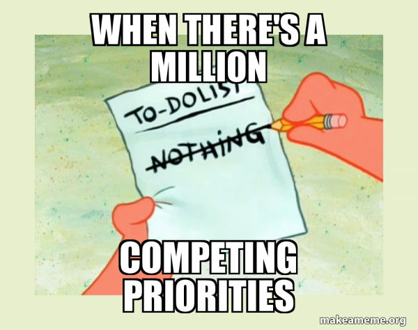 Meme with text "when there's a million competing priorities" and an image of Patrick from Spongebob Squarepants holding a paper which says "nothing" on his to do list