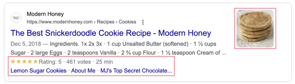 Image that shows a rich snippet, where Google has expanded the search result to include an image, rating, review count and time estimate. 