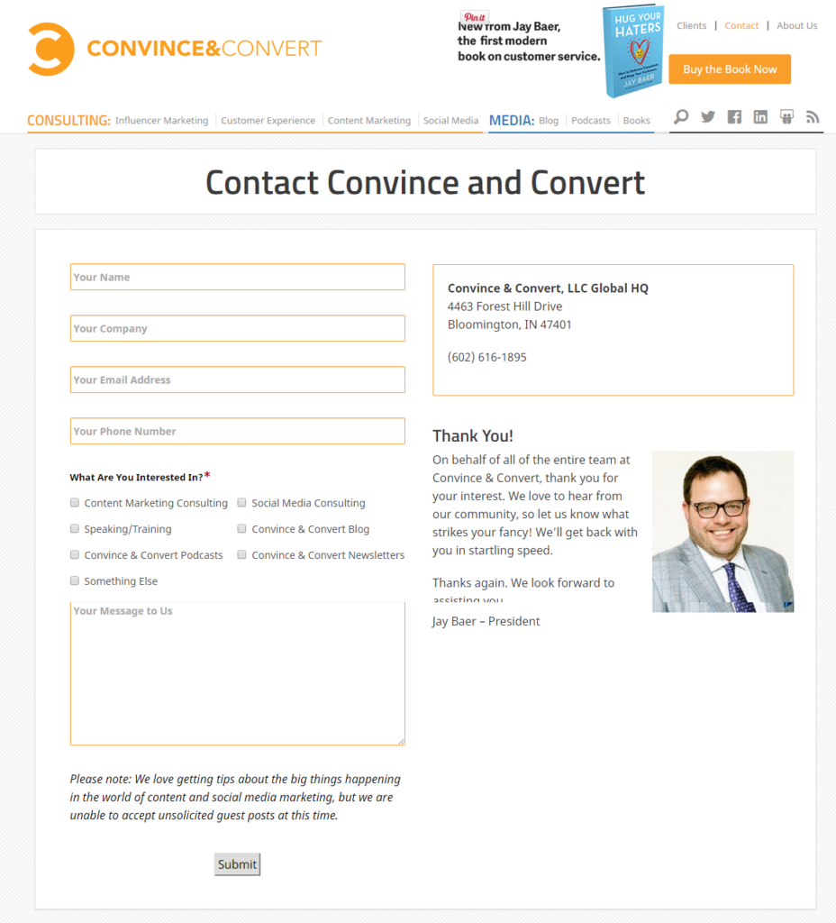 screenshot of contact information page