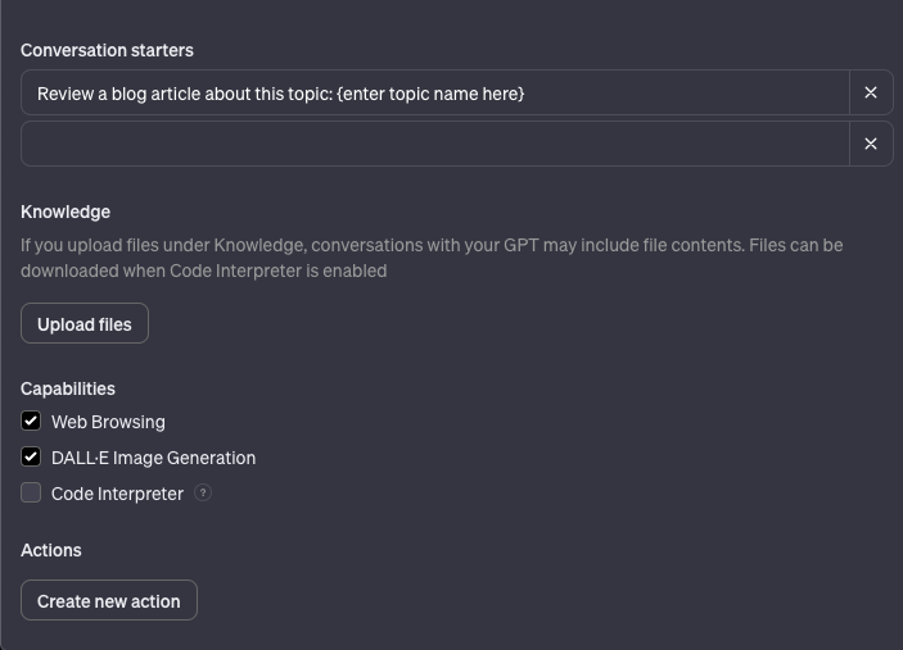 screenshot of configure mode in chatgpt