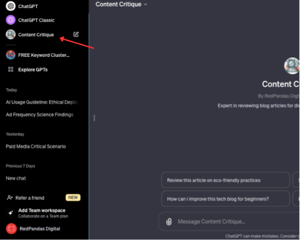 screenshot in chatgpt with content critique option