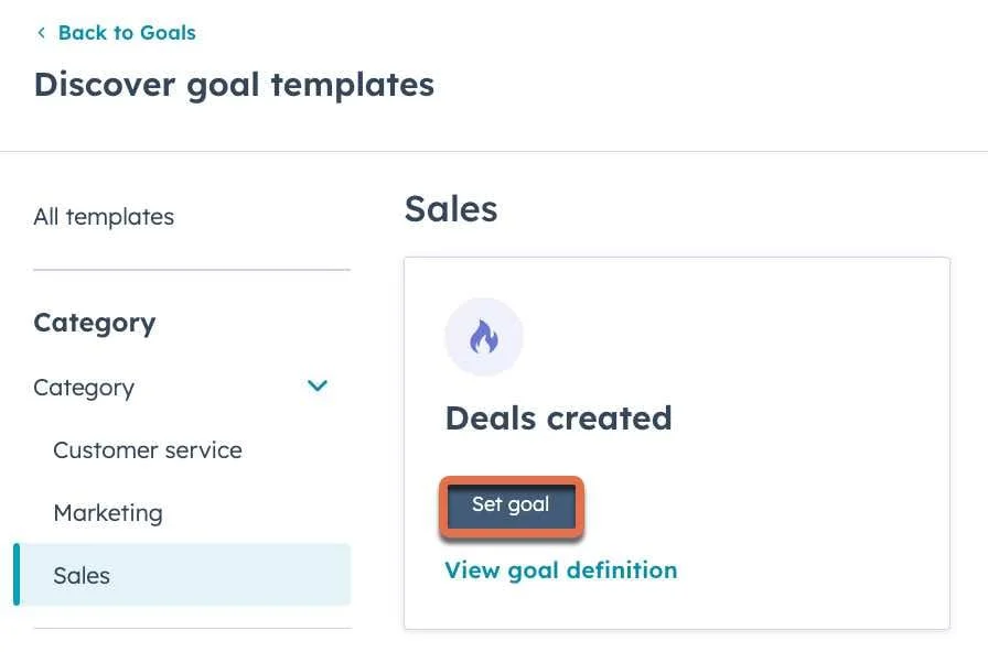 click 'set goal' on a pre made hubspot goals template to create a goal from a template