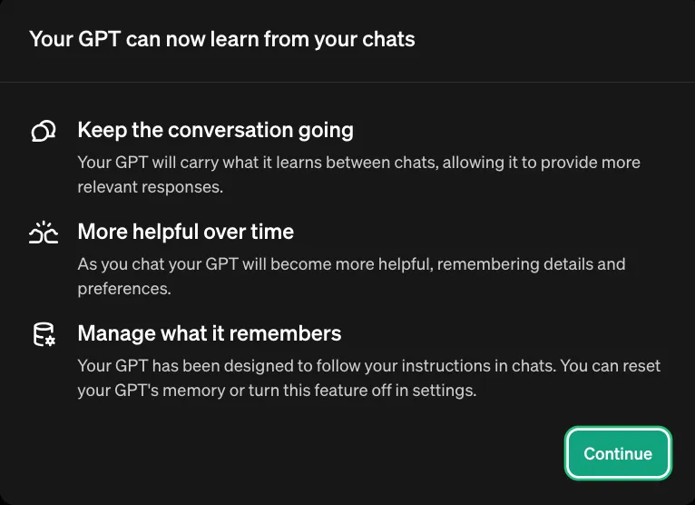 screenshot showing ChatGPT's new memory feature update notification