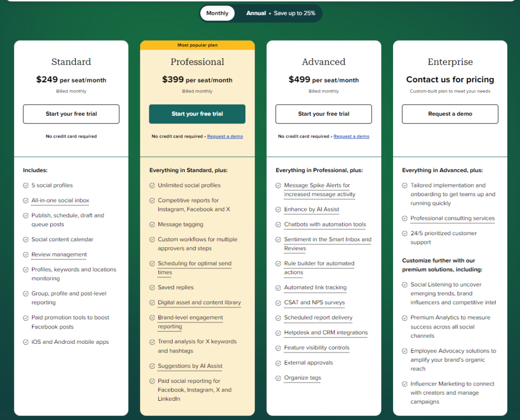 screenshot of sproutsocial pricing page