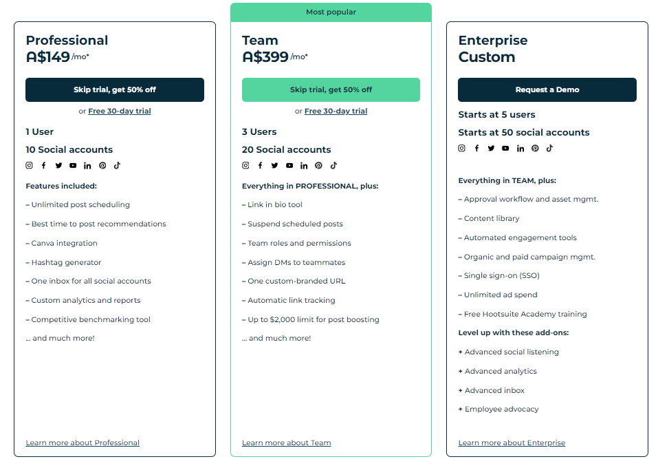 hootsuite pricing table