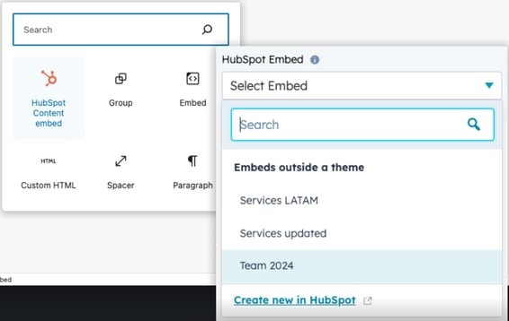 screenshot of hubspot's content embed feature