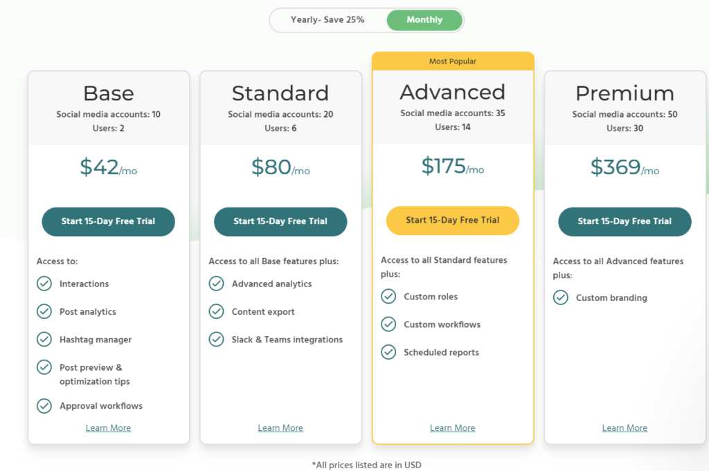 loomly pricing table