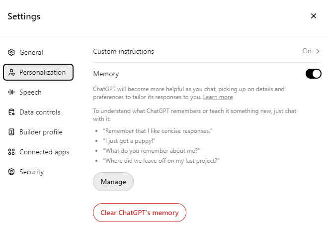 screenshot showing where to go to manage ChatGPT's memories