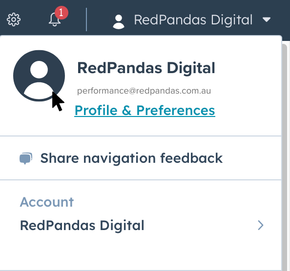 screenshot of HubSpot 'account settings' option