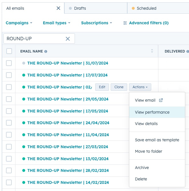 screenshot Hubspot 'View Performance' option