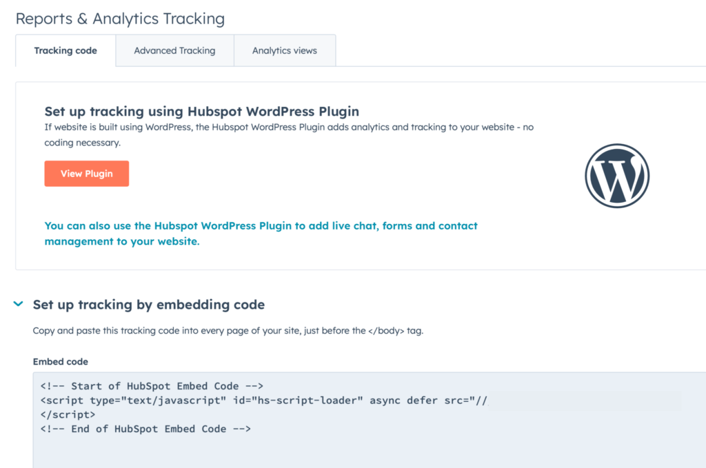 screenshot of HubSpot 'tracking code' option