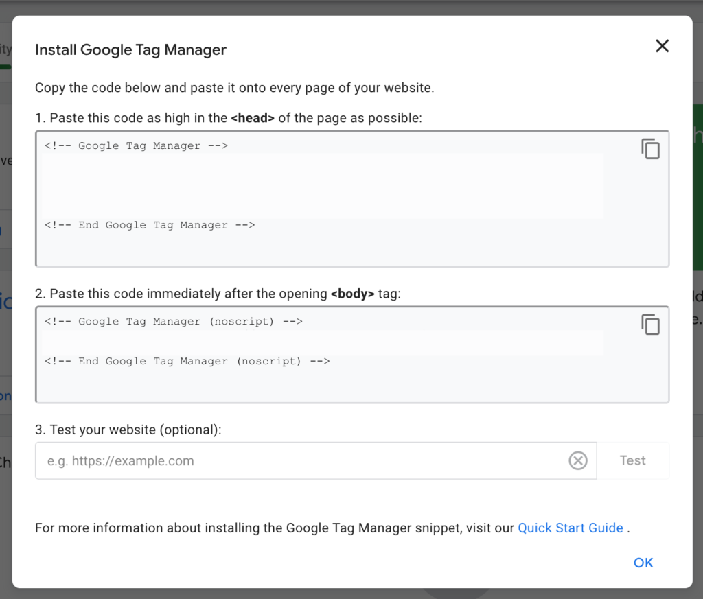 screenshot of Google Tag Manager 'container code'