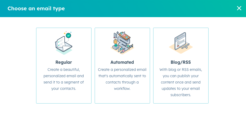 screenshot of HubSpot 'choose an email type' option