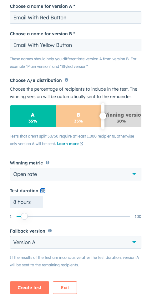 screenshot of HubSpot 'A/B Test Form'