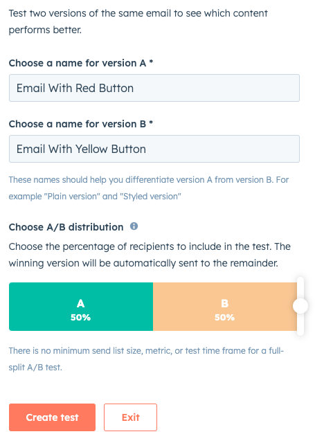 screenshot of HubSpot 'A/B Test Form'