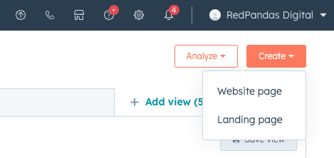 screenshot of HubSpot option create website or landing page