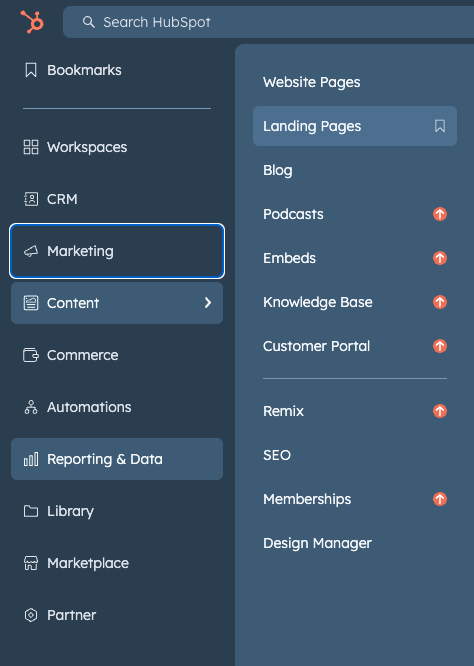 screenshot of the marketing sidebar in HubSpot