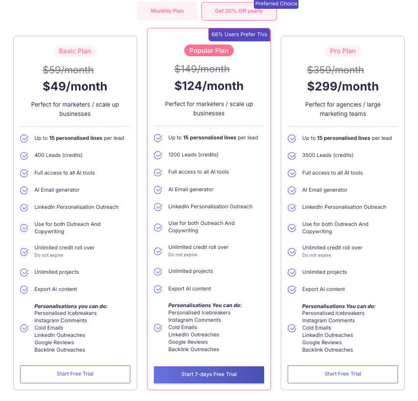 pricing table of smartwriter.ai