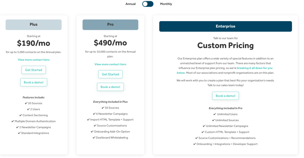 pricing table for rasa.io