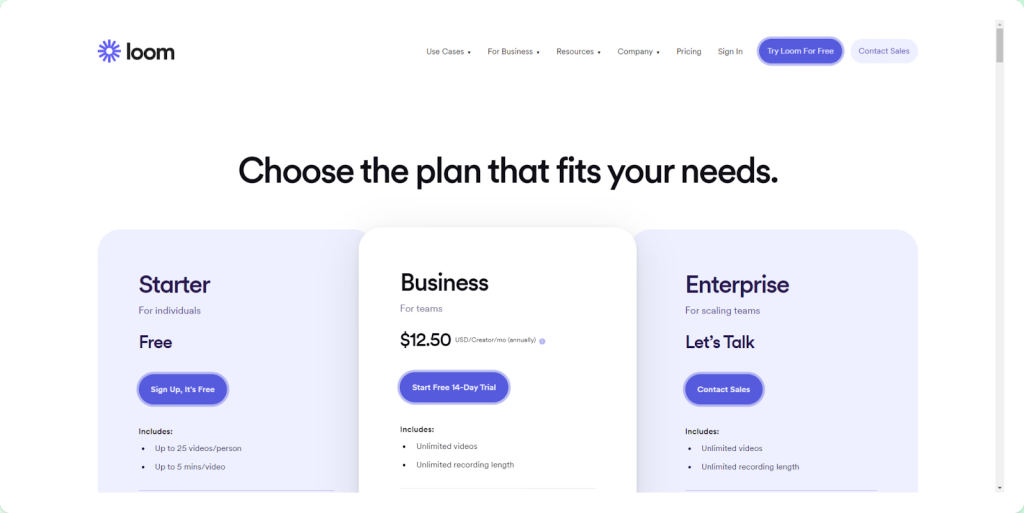 pricing page of loom